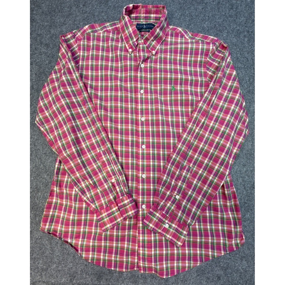 RALPH LAUREN Classic Fit Polo Mens L Green Pink Blue Plaid Long Sleeve Shirt